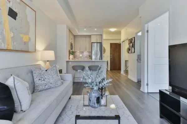 apartment living room and kitchen with furniture entryway